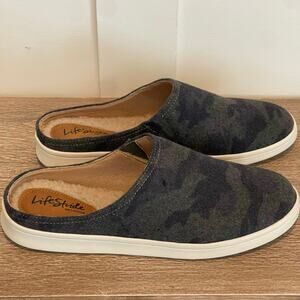 Lifestride Shoes‎ Nomad Mule Flat Green Camo Faux Shearling Comfy Slip on Cozy 9